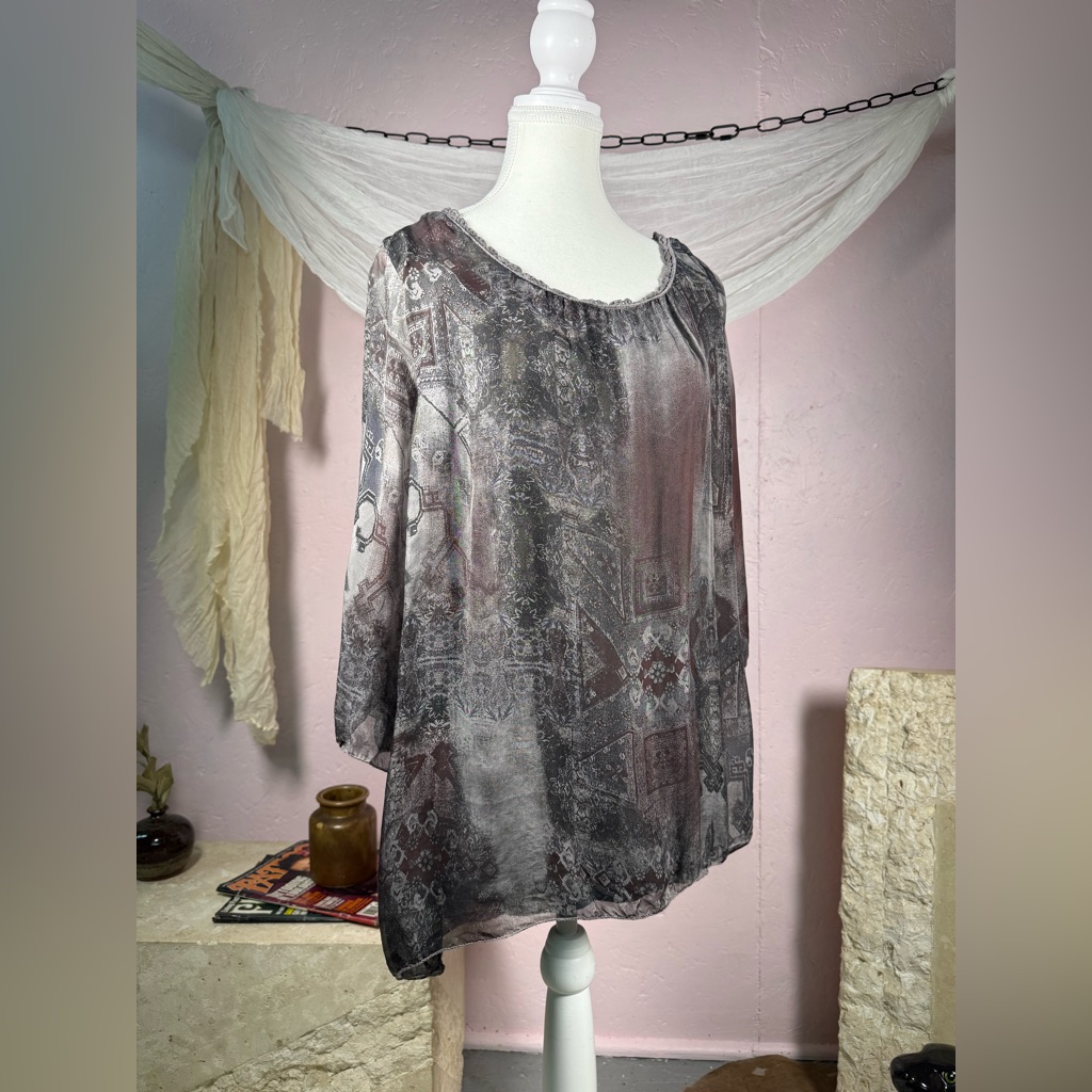 Silk Boho Blouse Grey Printed Sheer Top Lace Back Flowy Small